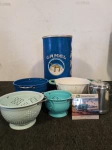 Assorted Strainers and Camel Barrel