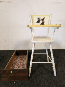 Vintage High Chair and Drawer and Blankets