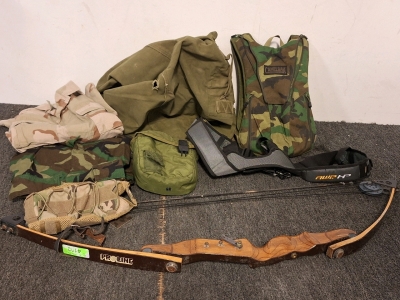 Proline Cyclone II Bow, (2) Military Shirts, Canteen, Large Bag/Backpack & More