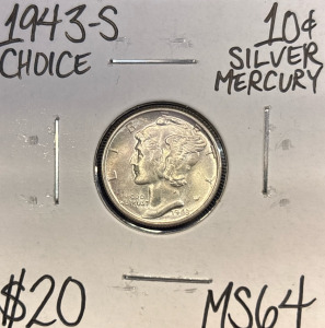 1943-S MS64 Choice Silver Mercury Dime