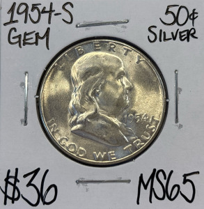 1954-S MS65 Gem Sliver Franklin Half Dollar
