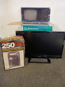 Emerson 5" Portable TV FM/AM/PSB/WB Radio AC/Dc As Well As an Insignia 18" TV/Monitor And A 250Psi Portable 12V Air Compressor