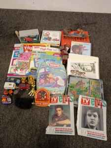 Highlights Magazine, Leap Frog Little Leaps, vintage Toys, Crayola Color Pencils Tin, Bob Ross Instructional DVD, Elvis TV Guide