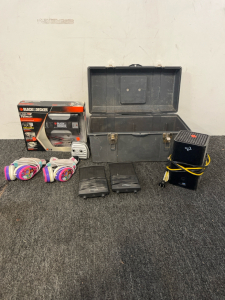 Tool Box with Tools, Black & Decker 750 Watt Power Intverter, WiFi Hitron Box, And A Muffler for a Chainsaw
