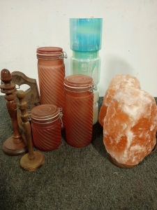 2 Himalayan Rock Salt Lamp, One With Light And A Glass Vase, A set Of 3 Glass Canisters, Vintage Necklace Holders And Wooden Sconce