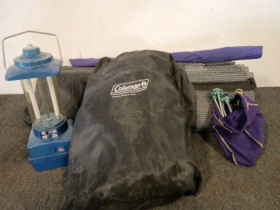 Camping Gear, Coleman Queen Camping Mattress, Coleman Camping Mat With Lawn Stakes As Well As A Rayovac Sportsman 360 Lantern