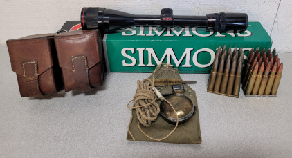 Simmons Deerfield Scope, Leather Ammo Pouch, 8mm Rounds, And Brass Gun Oiler