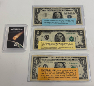 Old $2 Bill, Silver Certificate, Joseph Barr $1 Scarce Note, Authentic Space Meteorite