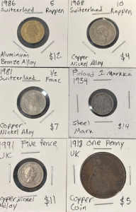 Collection Of Six Different World Coins Including 1986 Switzerland 5 Rappen, 1968 Switzerland 10 Rappen, 1981 Switzerland 1/2 France, 1954 Finland 1 Markka, 1991 Five Pence UK, And 1918 One Penny UK