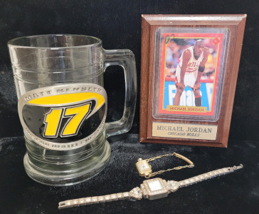 NASCAR Matt Kenseth #17 Stein, Framed Chicago Bulls Michael Jordan Card, Vintage Rhinestone Watch, And Vintage Bronze Watch