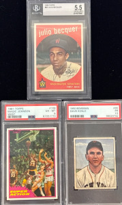 1959 Topps #93 Julio Becquer Baseball Card, 1981 Magic Johnson West #109 Super Action Basketball Card, And 1950 Bowman Dave Koslo Baseball Card