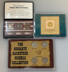Three Decades Of Indian Head Pennies Including Gold 1880&rsquo;s Layered Indian Head Penny And The Obsolete Racketeer Nickels Collection