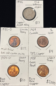 (2) 1954-1958 Wheat Pennies Red Copper, 1995-D Lincoln Penny, 1969 Canada 1 Cent And 1946 Old Jefferson Nickel