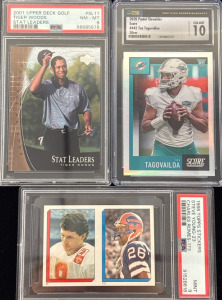 2001 Upper Deck Golf Tiger Woods Stat Leaders PSA Collectible Card, 1986 Topps Stickers Steve Young-23 Charles Romes-173 And 2020 Panini Chronicles Score #442 Tia Tagovailoa Card