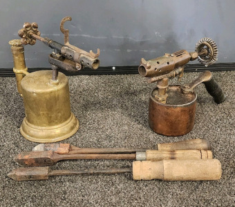 (2) Small Antique Blow Torches And (3) Antique Soldering Irons