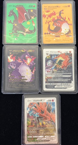Collection Of Foil Fan Art Charizard Trading Cards Including; Basic Zappos V Thunderous Kick Card