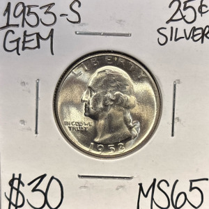 1953-S MS65 Gem Silver Washington Quarter