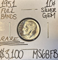 1951 MS68FB Rare Full Bands Gem Silver Dime