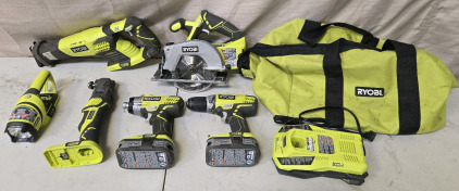 Assortment Of Ryobi Tools w/Charger, (2) Batteries & Bag