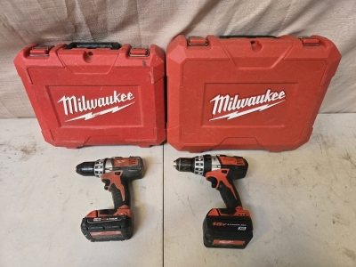 (2) Milwaukee Drills w/Cases, Batteries & Chargers