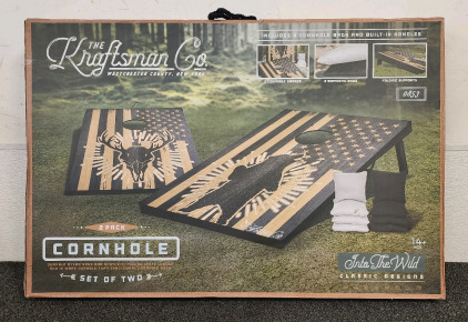 Brand New The Kraftsman Co. 2 Pack Cornhole Game, Coleman Convertable fridge, And A Pair Of Skiing Poles.