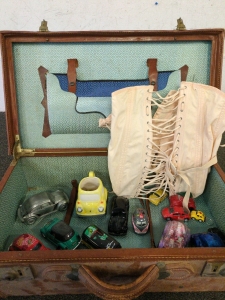 Antique Toy Cars, Travel Chest, And White Corset
