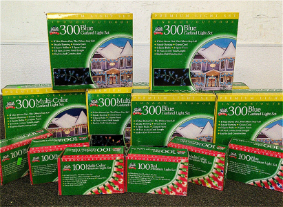 (7) Boxes Of 300 Count Blue Garland Christmas Lights, (6) Boxes Of 100 Count Red Miniature Christmas Lights