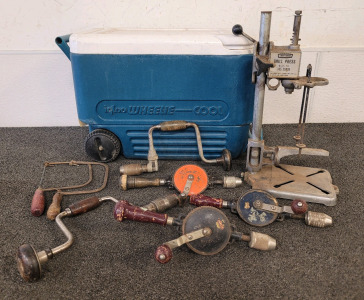 Igloo Wheelie Cooler And Antique Hand Drilling Tools