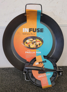 Infuse 15 in. Carbo Steel Paella Pan And 7.25 in. Cast Iron Tortilla Press