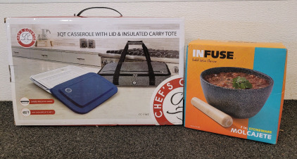 Infuse Mortar And Pestle And 3QT Chef's Counter Casserole With Lid And Insulated Carry Tote