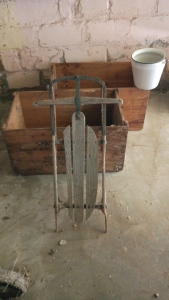 2)Vintage Crates 30x19x17, Vintage Milk Pail and Antique Sled
