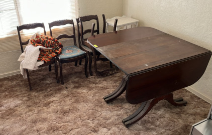 (1) 40&rdquo;x55&rdquo;x29&rdquo; Wooden Collapsible Dinning Table (4) Vintage Dining Chairs (1) Vintage Wooden White Night Stand
