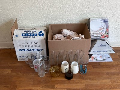 American Limoges Flowers Dishes and Two Boxes Of Misc Collectible Glassware