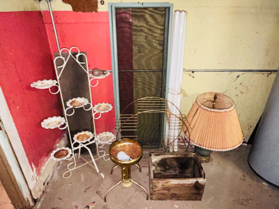 Vintage Lamp, Plant Stands, Crate, Light Bulbs, and Window Screens