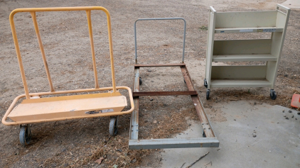 3) Carts- Library Cart-31x13x42, Flat Bed Frame Cart-72x30, Door Cart 49x22x45