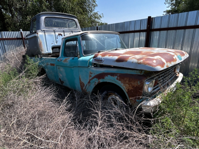 OFFSITE CALDWELL - Ford F-Series pickup truck, likely a Ford F-100 from the 1960s, given the visible styling and the "FORD" emblem on the hood, With Custom Can Truck Head and Parts.