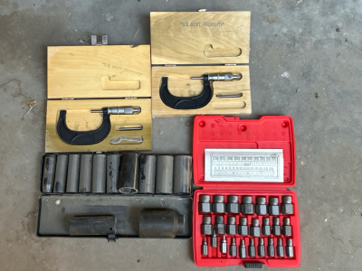 OFFSITE CALDWELL - Scherr- Tumico Micrometers (Calibrated), Heavy Duty Sockets, and Screw Extractor Set