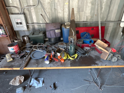 OFFSITE CALDWELL - Large Selection Of Household/ Garage Tools Includes , Saw, Tie Down Straps, Bucket Tool Organizer, Welding Rods, Measuring Sticks and More