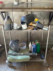 OFFSITE CALDWELL - Rolling Wire Cart With Welding Helmets, Tools, Auto Chemicals, Grease Gun and Small Components