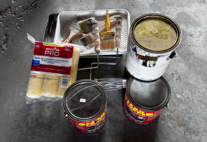 OFFSITE CALDWELL - (3) Cans Of Leak Stopper, Partial Can of Interior Finish, Paint Brushes and Rollers as Well as Trays