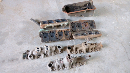 OFFSITE CALDWELL - Assorted Vintage Vintage V8 Parts-Cylinder Heads Oil Pan, Intake Manifolds