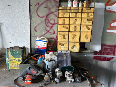 OFFSITE CALDWELL - Mounted Small Parts Organizer, C-Clamps, Skill Drill, Partial Chemicals, and Small Hardware Parts