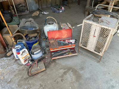 OFFSITE CALDWELL - Red Toolbox With Large Selection Of Tools, Auto Filters, Welding Components, Partial Chemicals, Weed Sprayer, Shop Brush and More