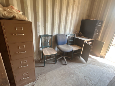 OFFSITE CALDWELL - Metal Filing Cabinets, Rolling Chair, (2) Green Wooden Chairs, and Wooden Cabinet