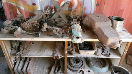 OFFSITE CALDWELL - Whole Cabinet Assorted Vintage V8 Parts-Cylinder Heads Oil Pan Intake Manifolds and More