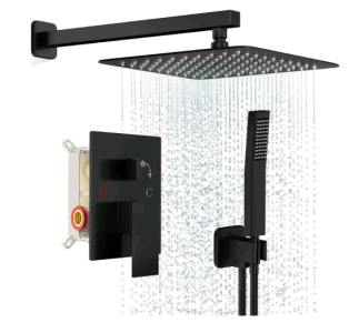 (1) FPXTNG - Rainfall Shower System W/ Square Shower Head & Handle Set, Wall Mounted Shower Fixtures, Full Metal Trim Kit, 12" Showerhead, Matte Black Finish, W/Shower Valve