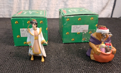(2) Disney - Grolier Ceramic Christmas Ornaments, (1) Aladdin, (1) Beast