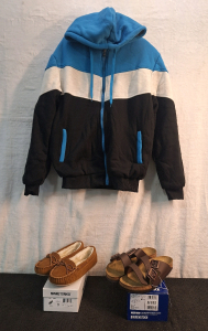 (1) Pair Of Minnetonka Slippers, Women's Size 9, (1) Pair Of Berkenstocks, Women's Size 11 & (1) Fleeced Hoodie, Medium