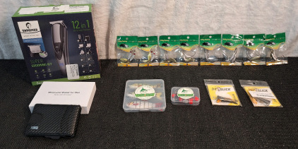 (1) Shpavver - Shave & Trim Kit, (1) Umoven Minimalist Wallet & Assorted Fishing Tackle
