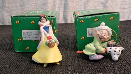 (2) Disney - Grolier Ceramic Christmas Ornaments, (1) Snow White, (1) Dopey